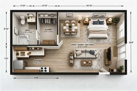 Floor plan for studio, 1 bath, 493 sqft